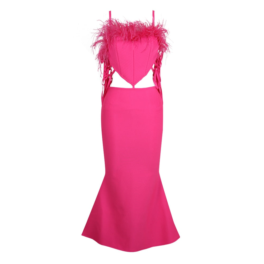 Feather Ribbed Mermaid Midi Dress Hot Pink HV9273