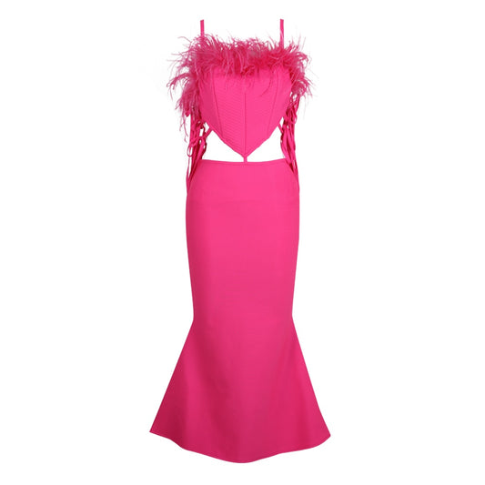 Feather Ribbed Mermaid Midi Dress Hot Pink HV9273