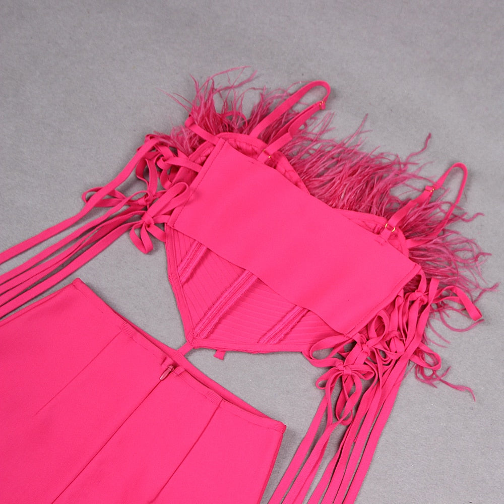 Feather Ribbed Mermaid Midi Dress Hot Pink HV9273