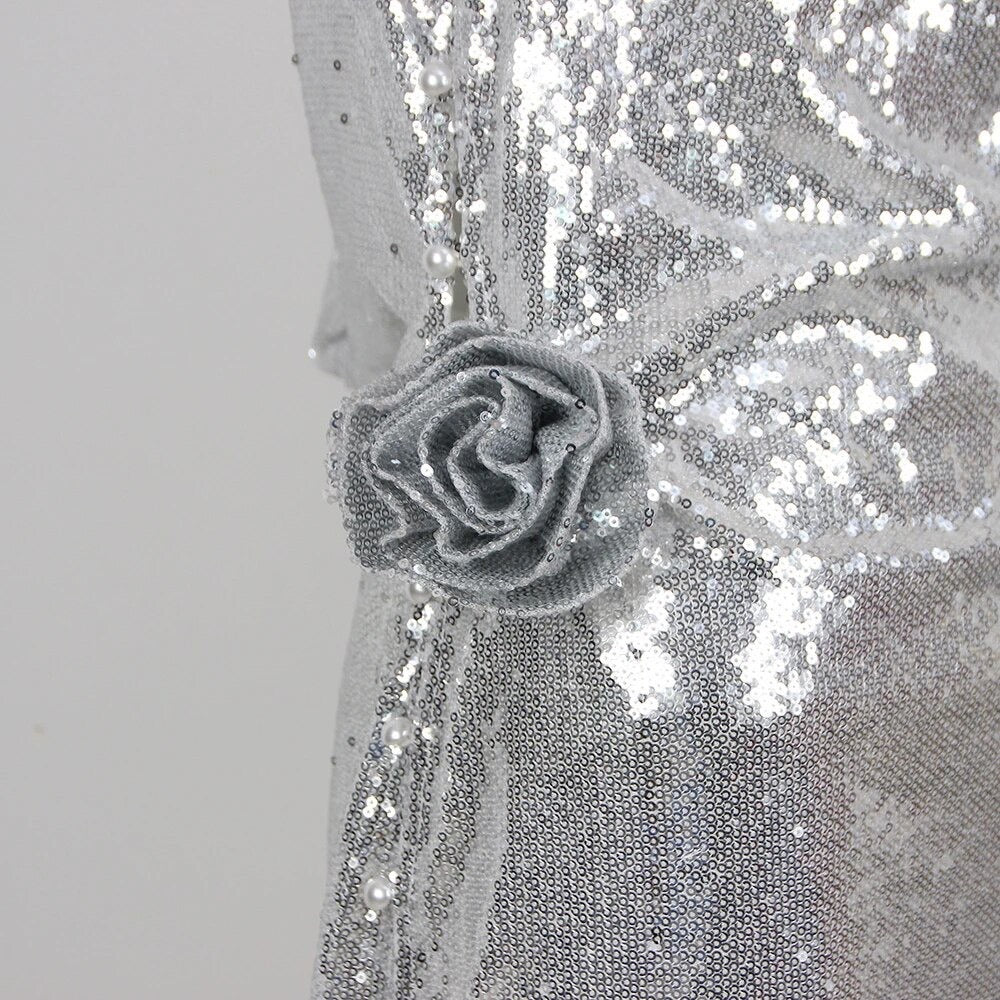 Draped Flower Detail Sequin Maxi Dress Silver HV9309