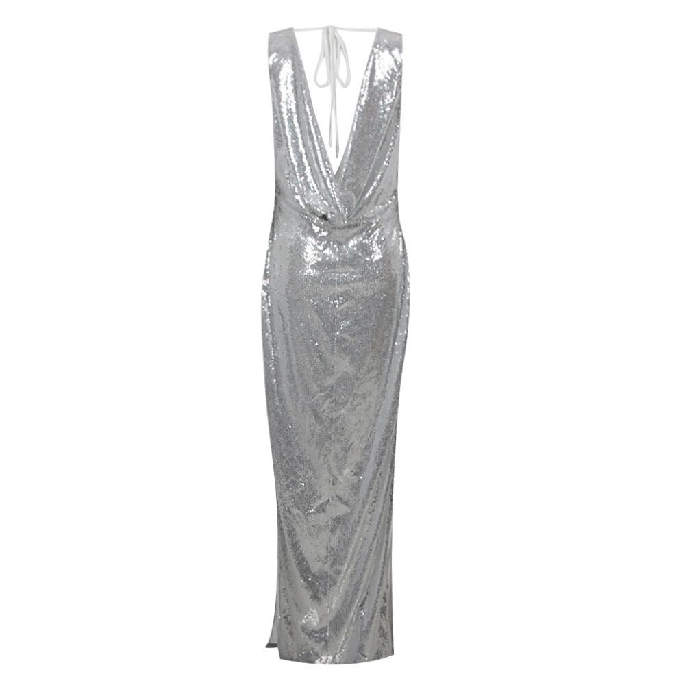 Draped Flower Detail Sequin Maxi Dress Silver HV9309