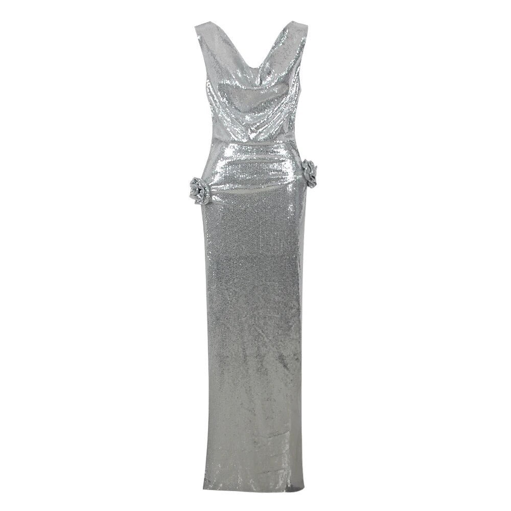 Draped Flower Detail Sequin Maxi Dress Silver HV9309