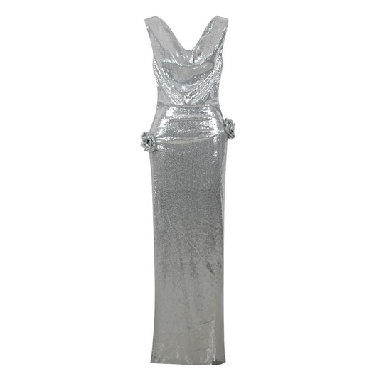 Draped Flower Detail Sequin Maxi Dress Silver HV9309