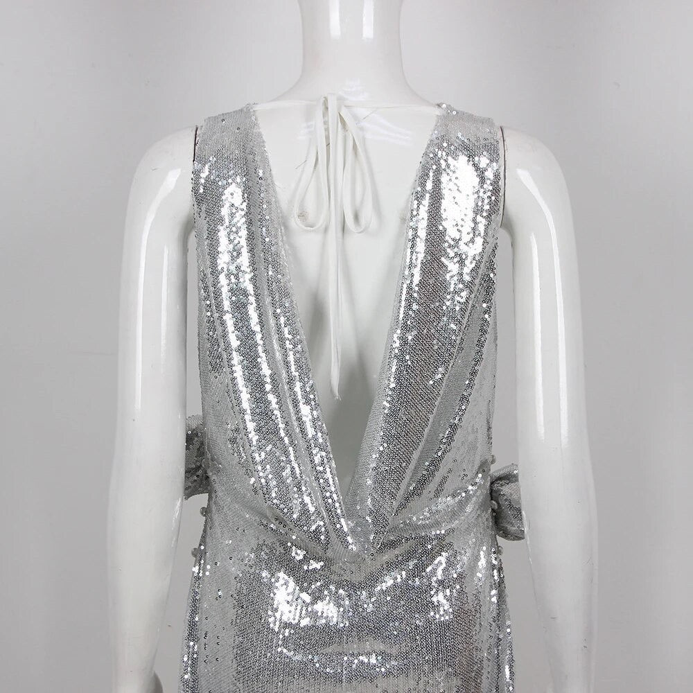 Draped Flower Detail Sequin Maxi Dress Silver HV9309