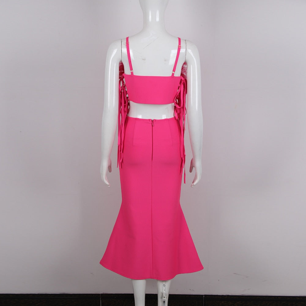Feather Ribbed Mermaid Midi Dress Hot Pink HV9273