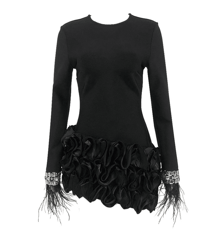 Crystal Feather Long Sleeve Ruffle Dress