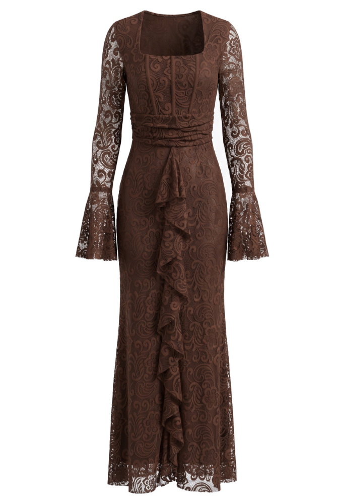 Long Sleeve Ruffle Detail Lace Maxi Dress Brown HV3238