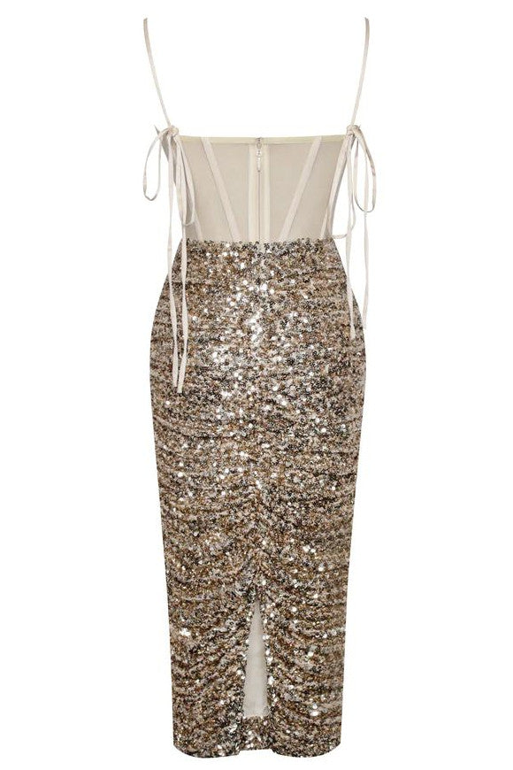 Sequin Bustier Draped Midi Dress HV9306