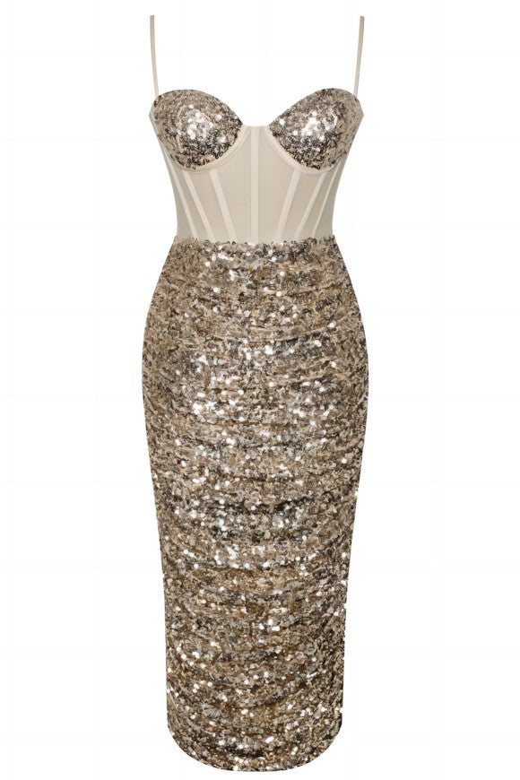 Sequin Bustier Draped Midi Dress HV9306