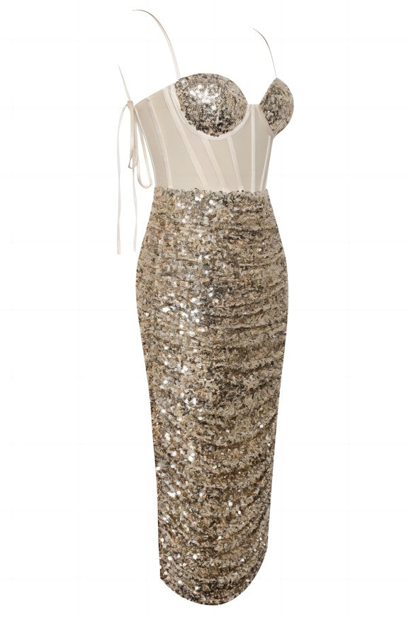 Sequin Bustier Draped Midi Dress HV9306