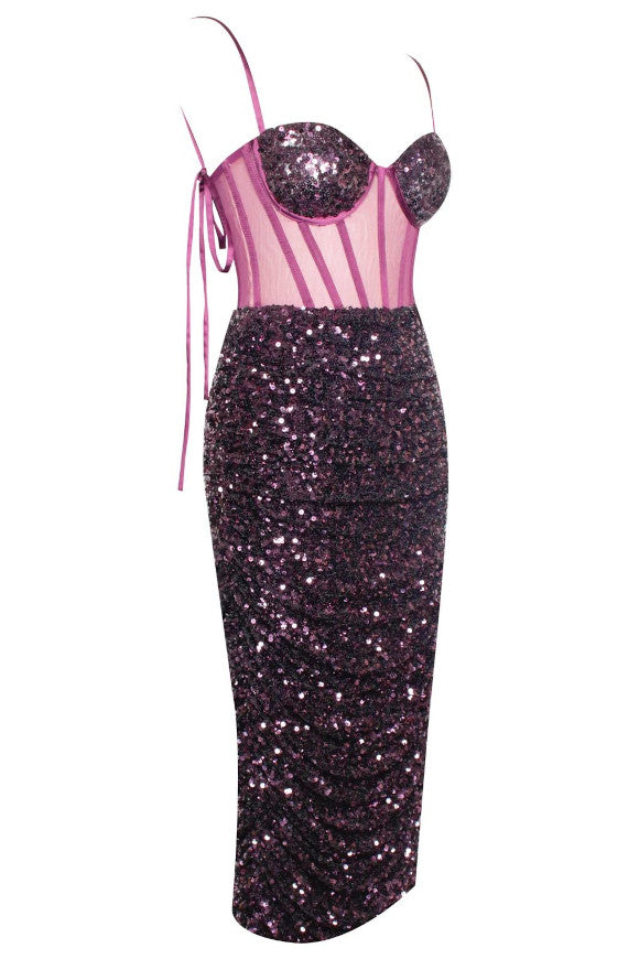 Sequin Bustier Draped Midi Dress HV9306