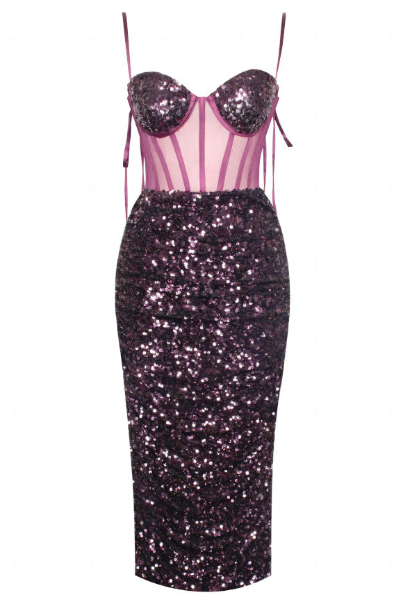 Sequin Bustier Draped Midi Dress HV9306