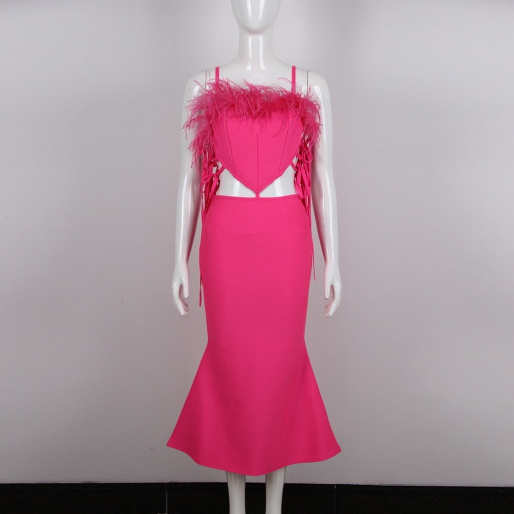 Feather Ribbed Mermaid Midi Dress Hot Pink HV9273