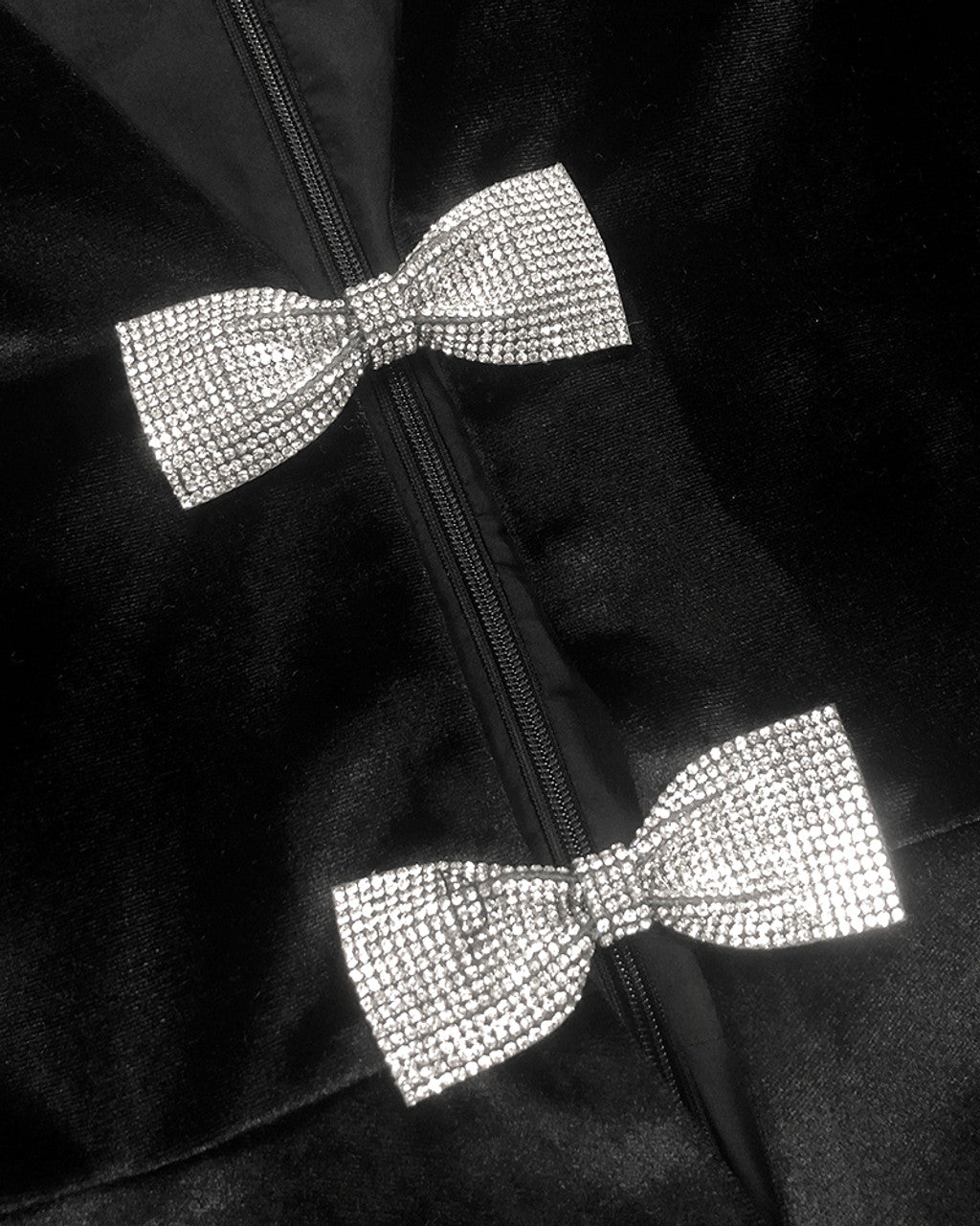 Short Sleeve Crystal Bow Midi Two Piece Velvet Dress Black HV2097