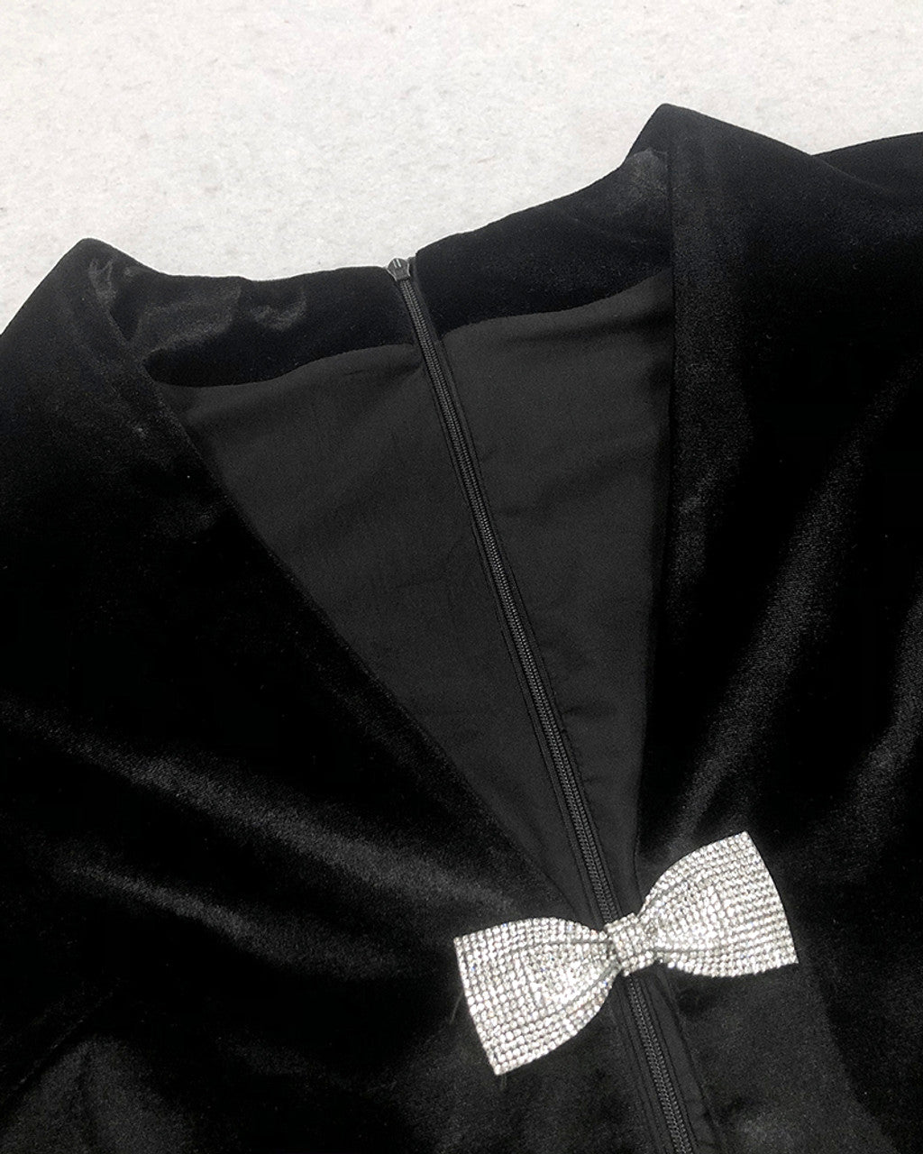 Short Sleeve Crystal Bow Midi Two Piece Velvet Dress Black HV2097