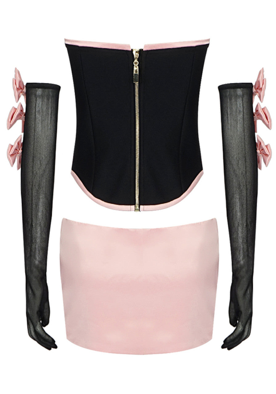 Strapless Bow Detail Two Piece Dress Black Pink