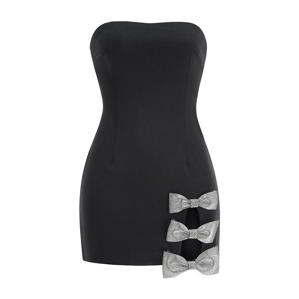 Strapless Crystal Bow Detail Dress Black HV1776