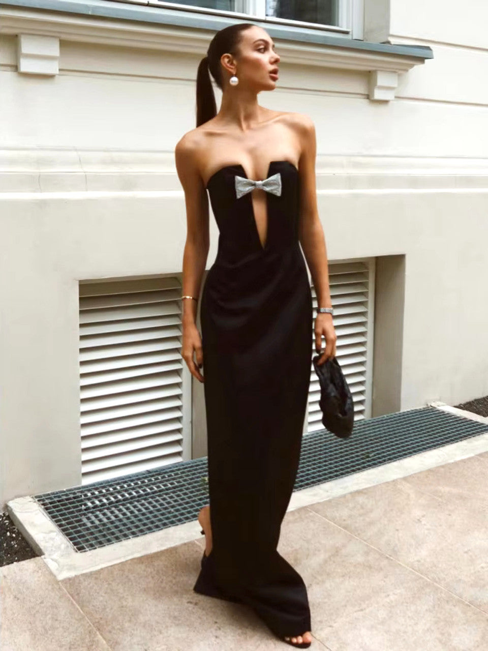 Strapless Crystal Bow Maxi Dress Black HV1775