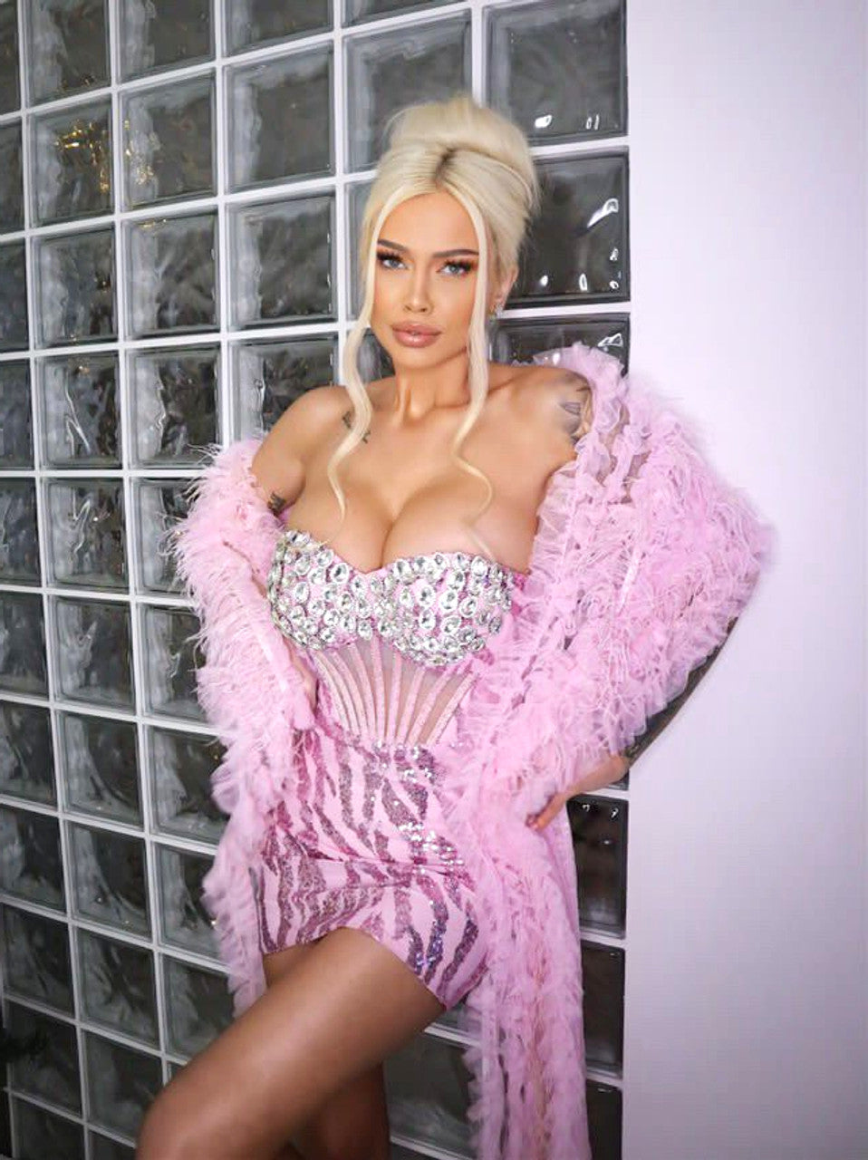 Strapless Crystal Corset Sequin Dress Pink