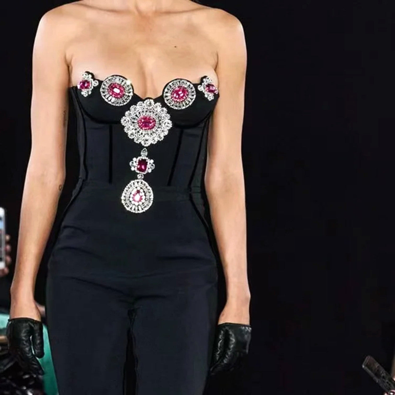 Strapless Crystal Corset Jumpsuit Black