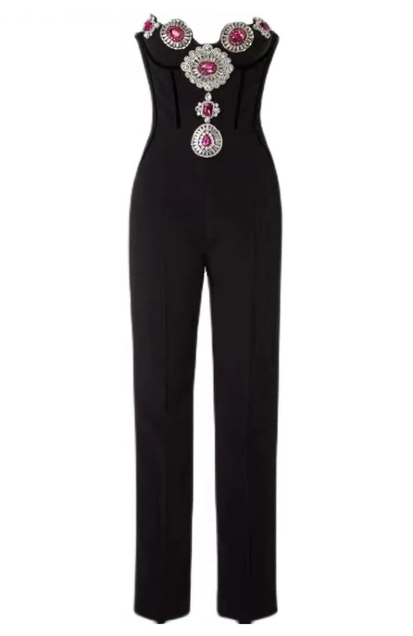 Strapless Crystal Corset Jumpsuit Black