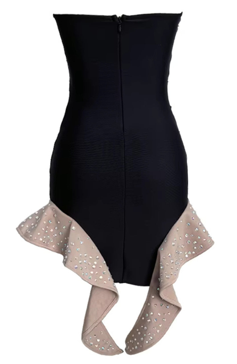 Strapless Crystal Ruffle Dress Black Nude HV1702