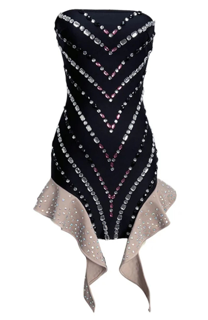 Strapless Crystal Ruffle Dress Black Nude HV1702