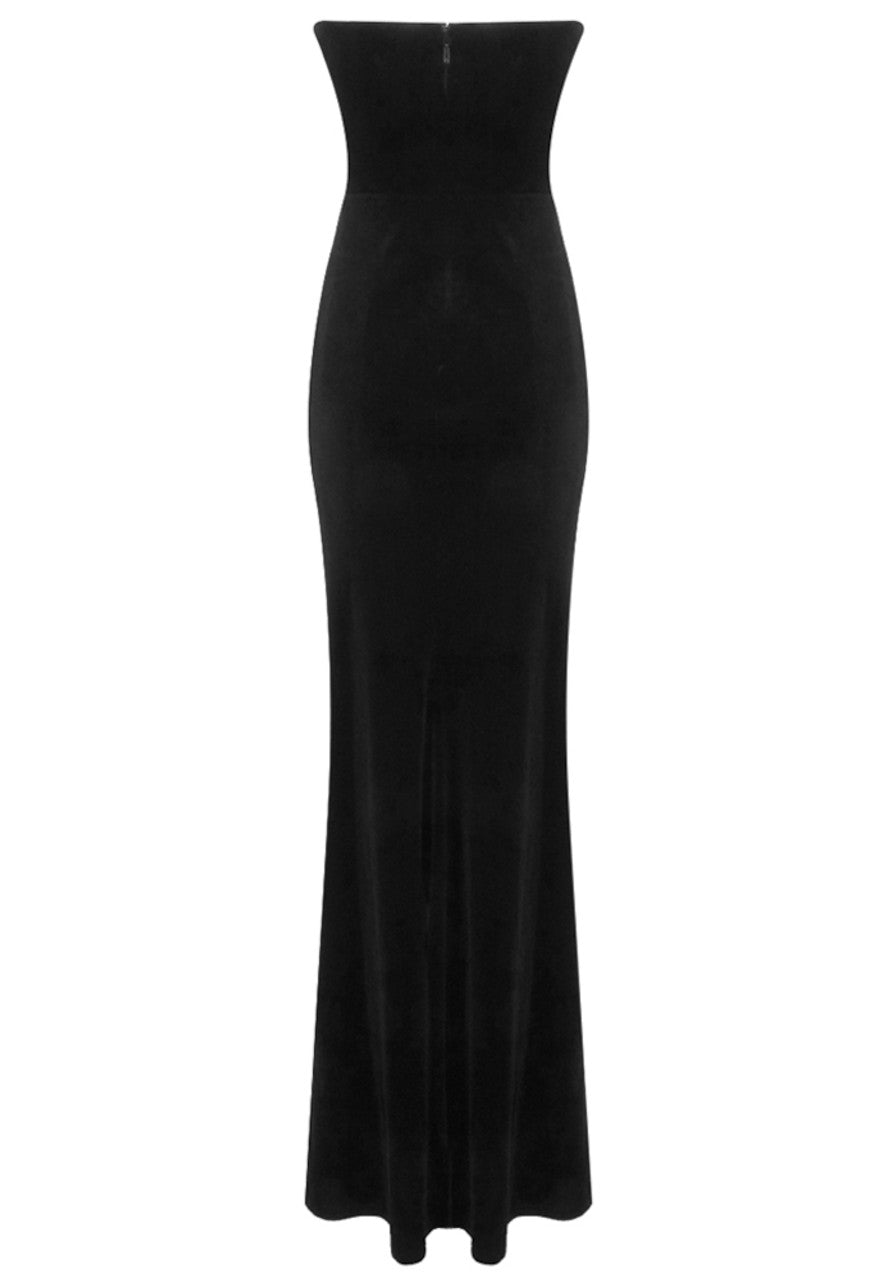 Strapless Crystal Spiral Maxi Velvet Dress Black HV2018