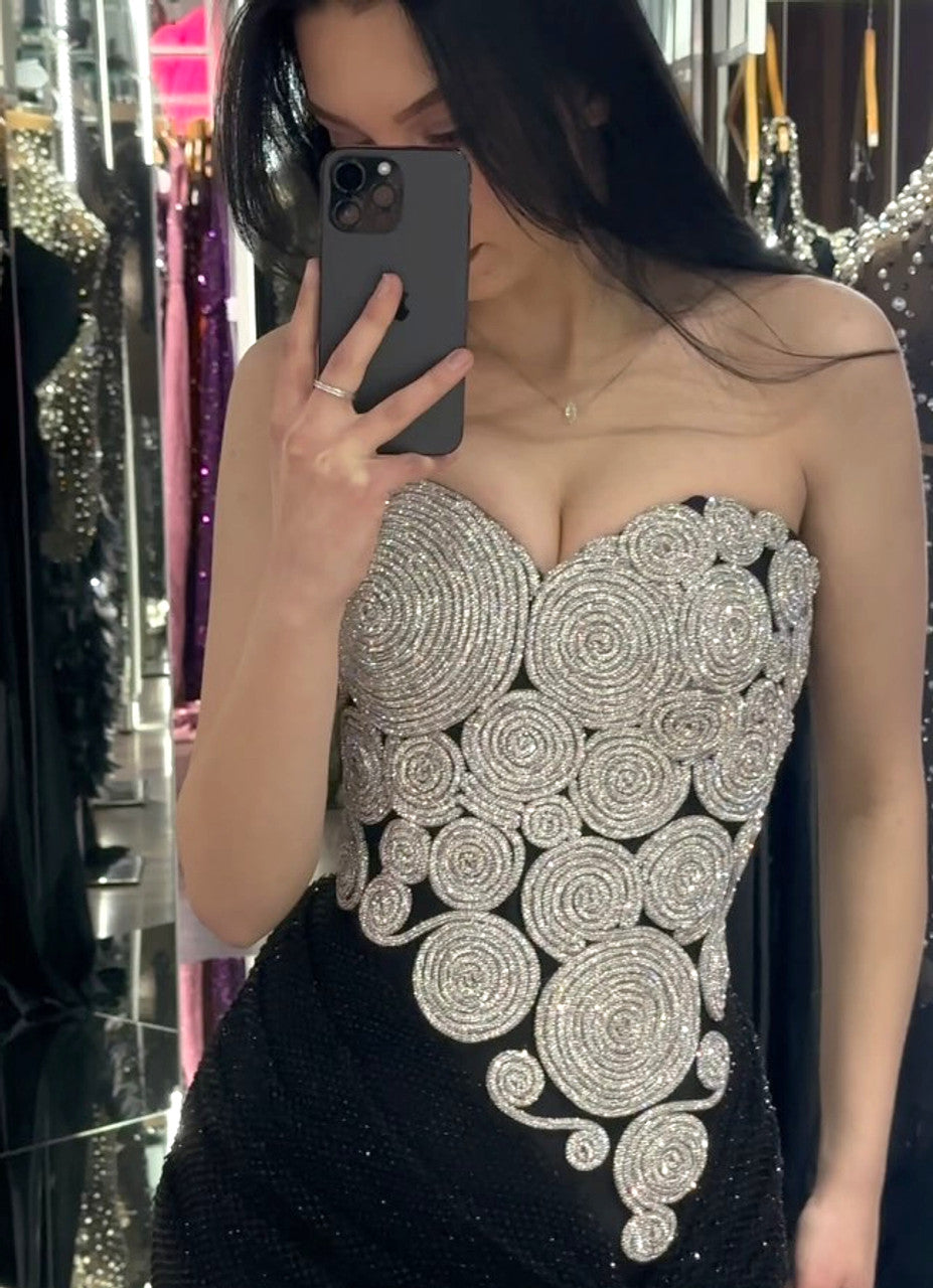 Strapless Crystal Spiral Maxi Velvet Dress Black HV2018
