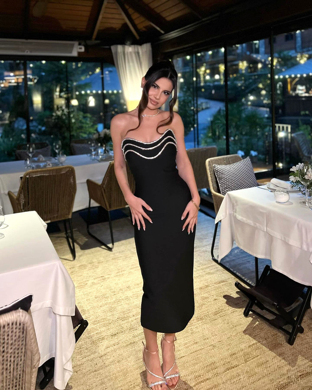 Strapless Crystal Trim Midi Dress Black HV1336
