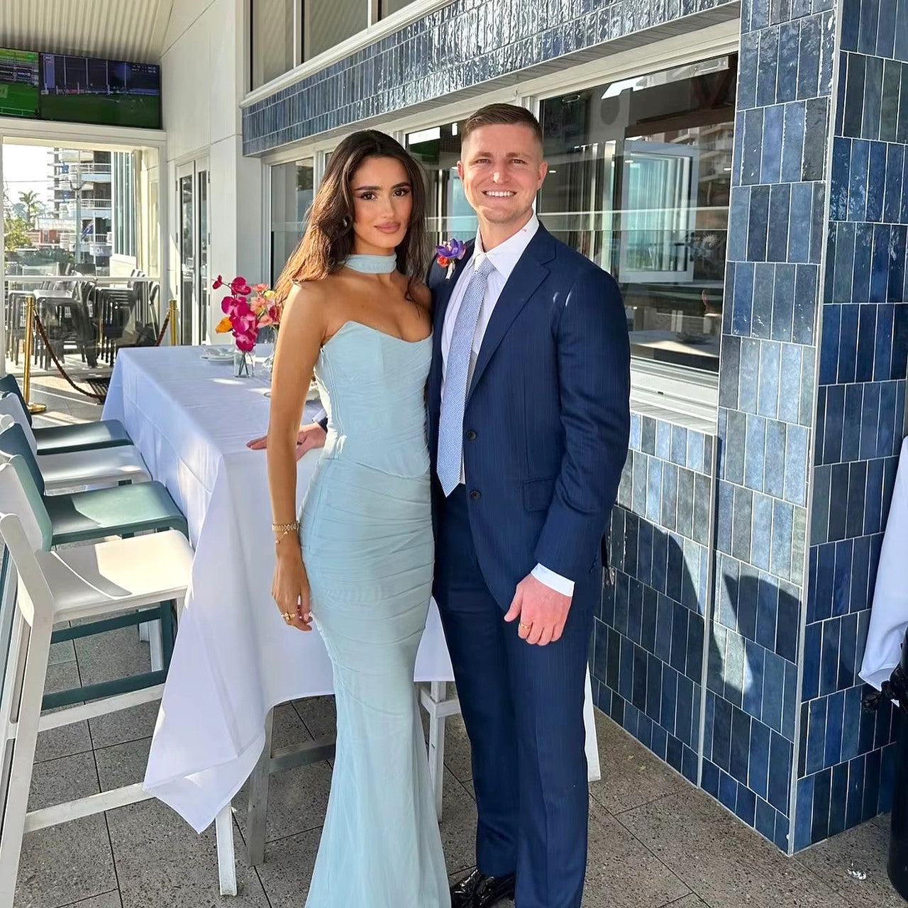 Strapless Draped Two Piece Maxi Dress Blue