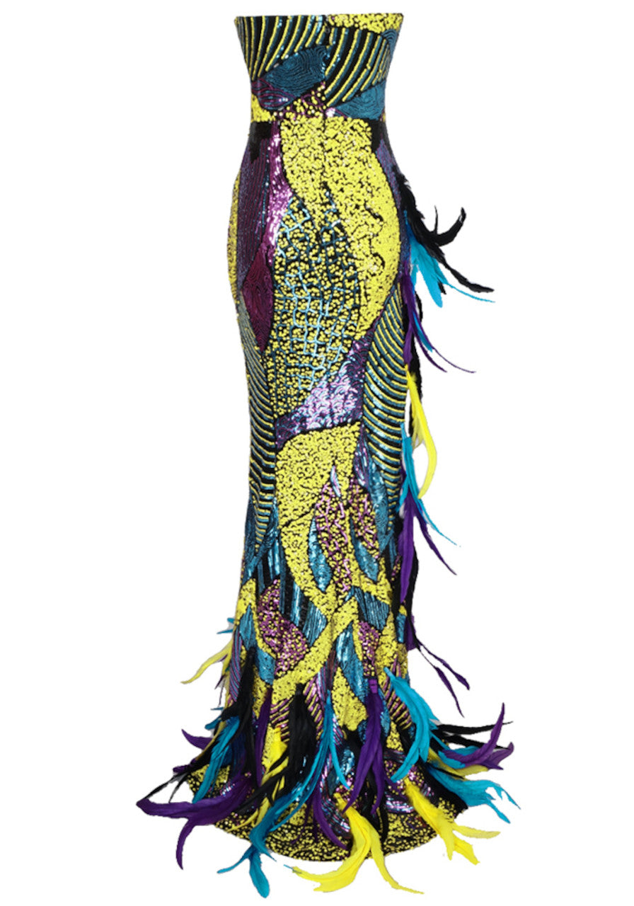 Strapless Feather Detail Sequin Maxi Dress Black