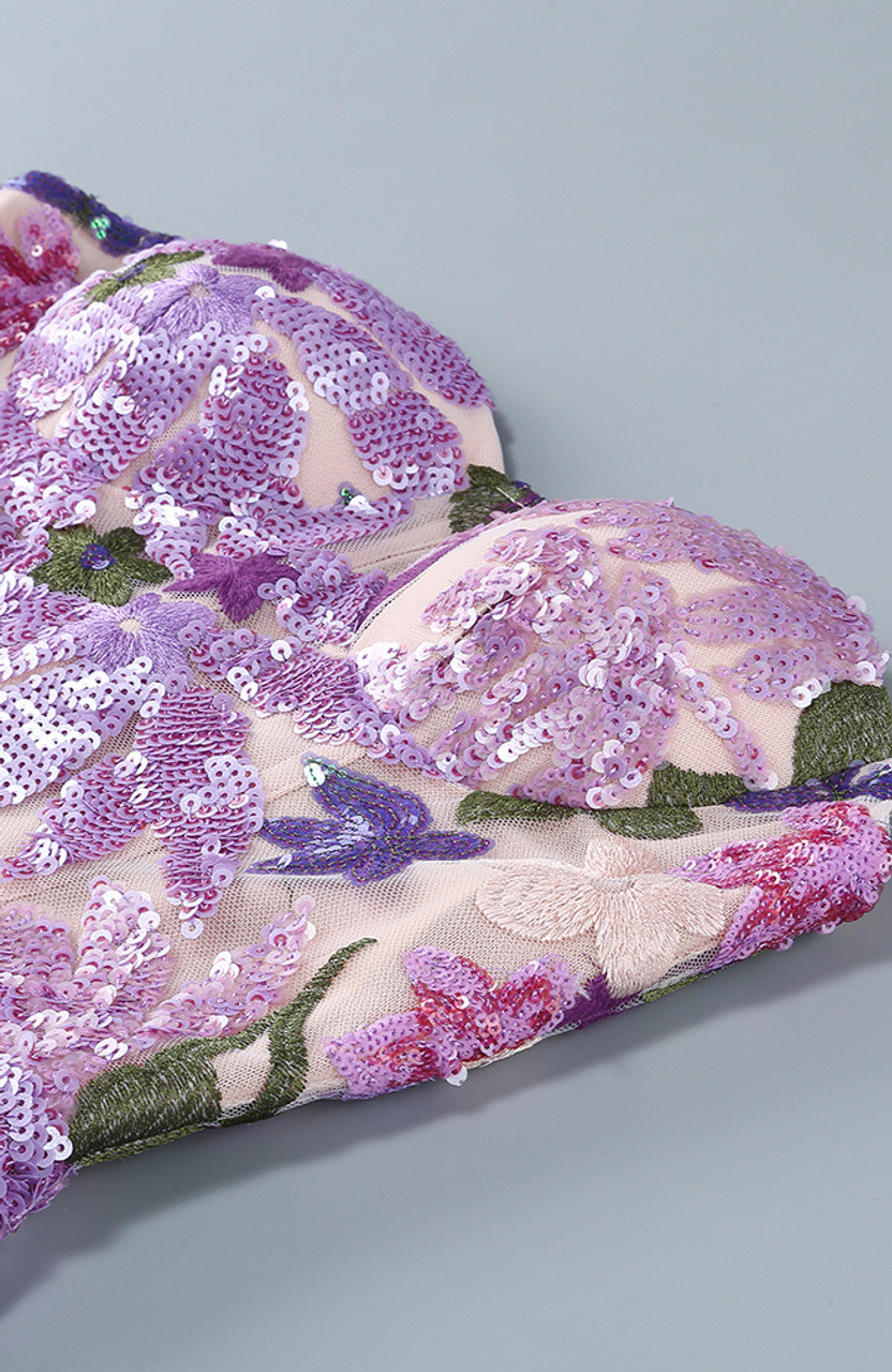 Strapless Floral Sequin Bustier Maxi Dress Lavender HV1373