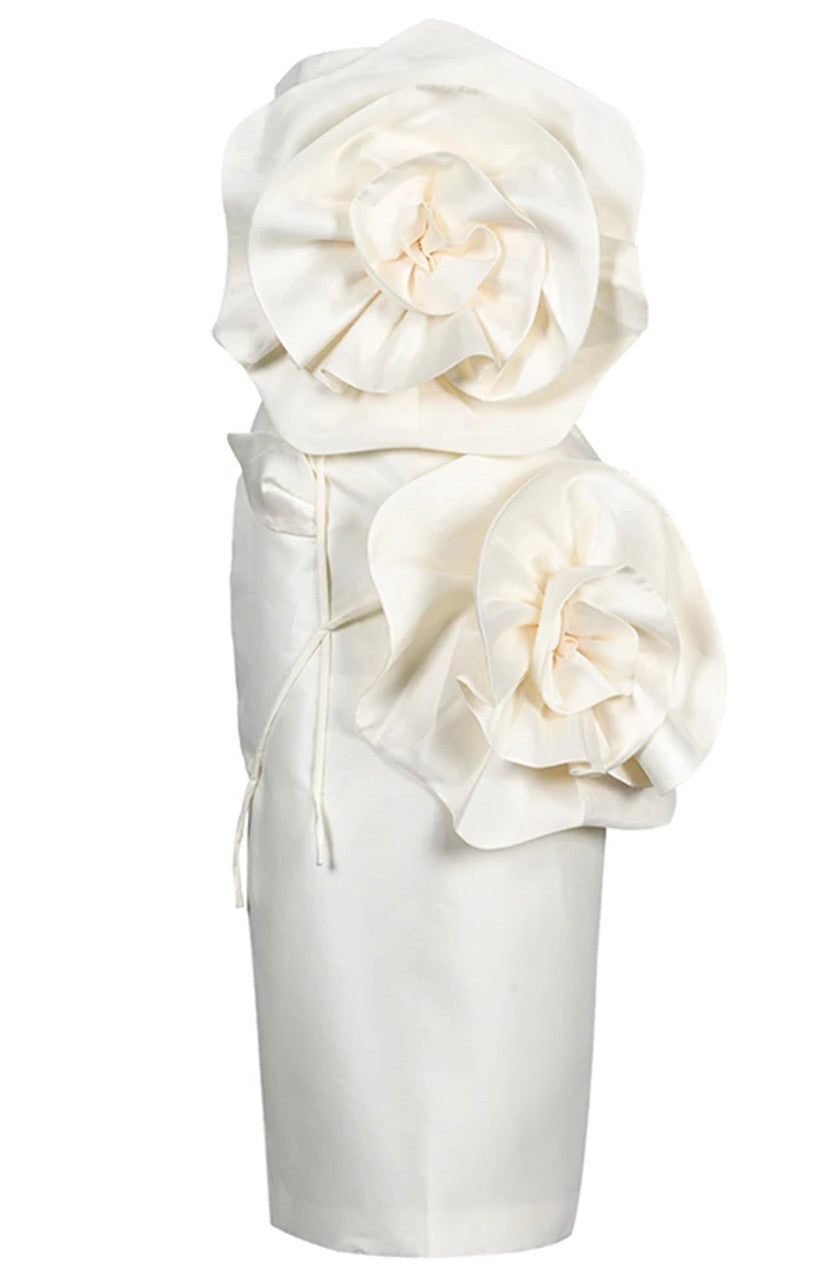 Strapless Flower Detail Corset Midi Dress Ivory