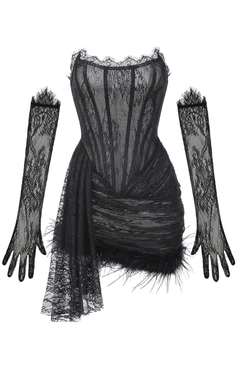 Strapless Lace Corset Feather Dress Black