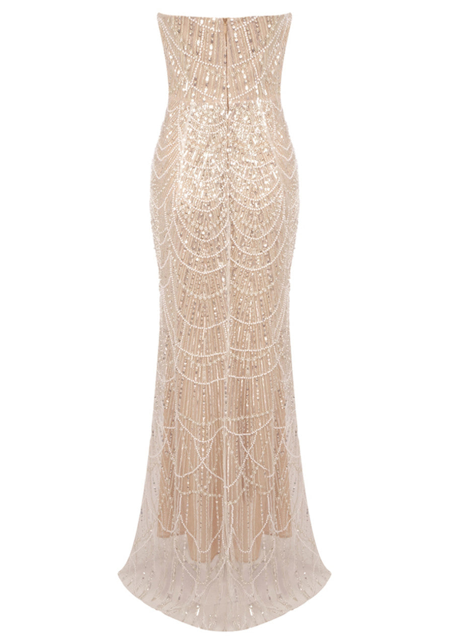 Strapless Pearl Sequin Maxi Dress Nude HV1796
