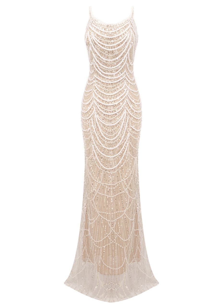 Strapless Pearl Sequin Maxi Dress Nude HV1796
