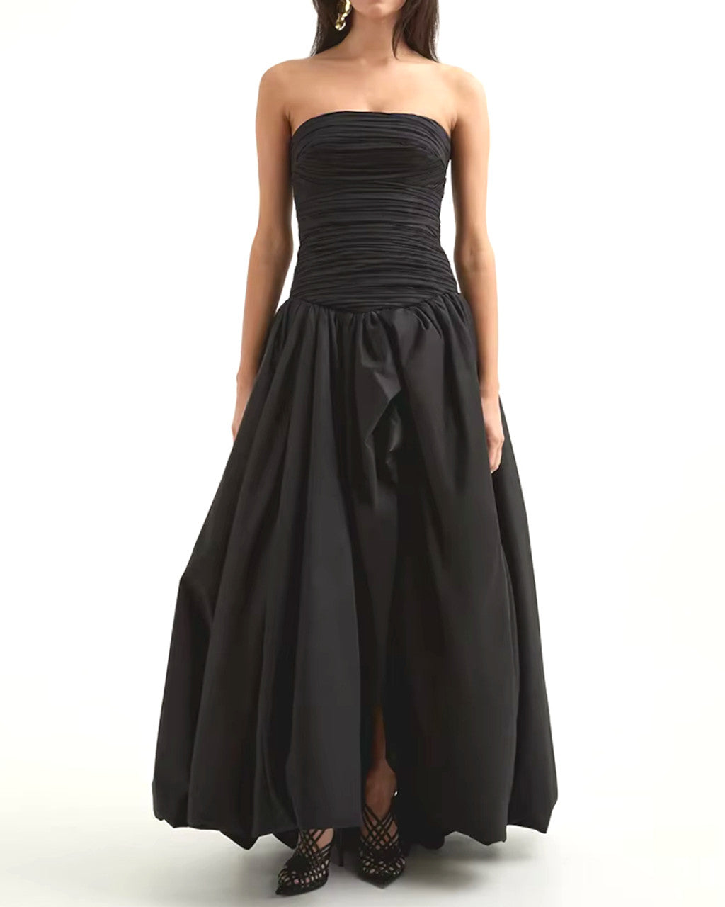 Strapless Ruched Puff Maxi Dress