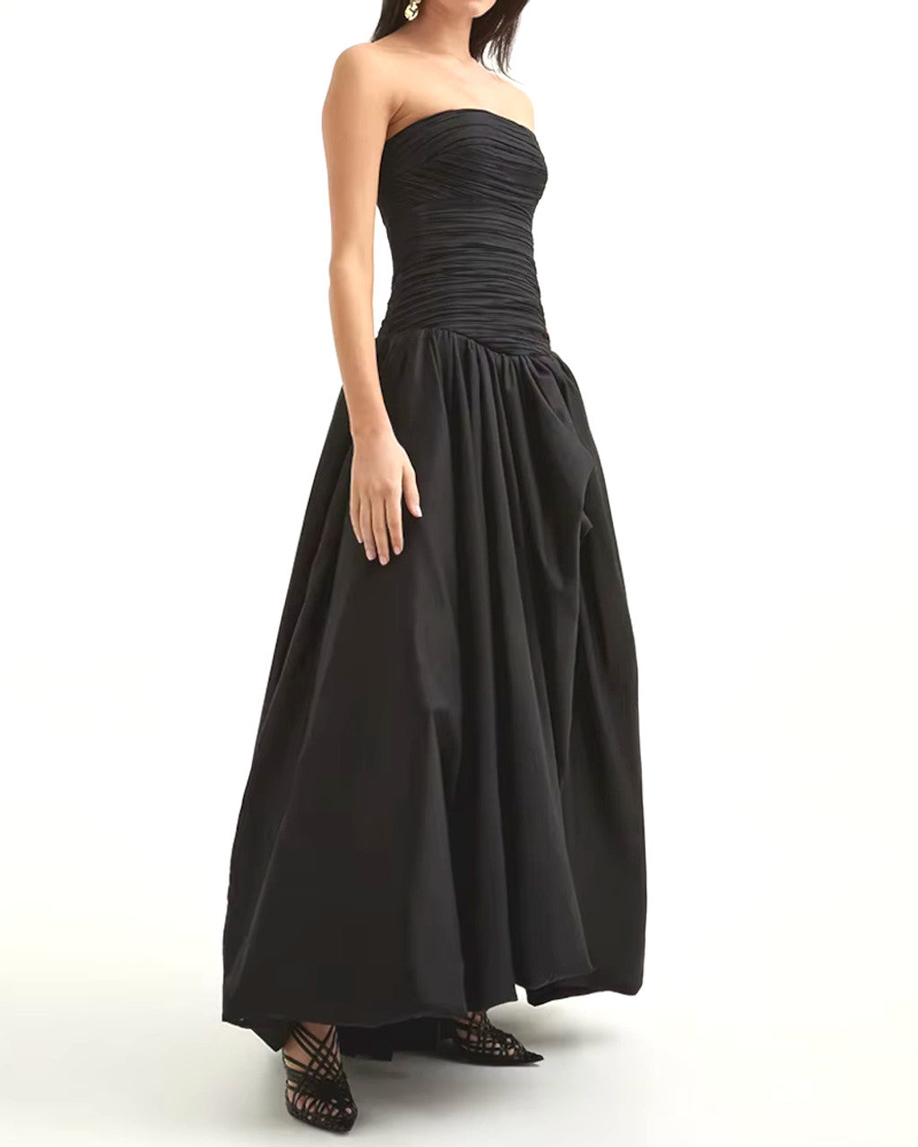 Strapless Ruched Puff Maxi Dress