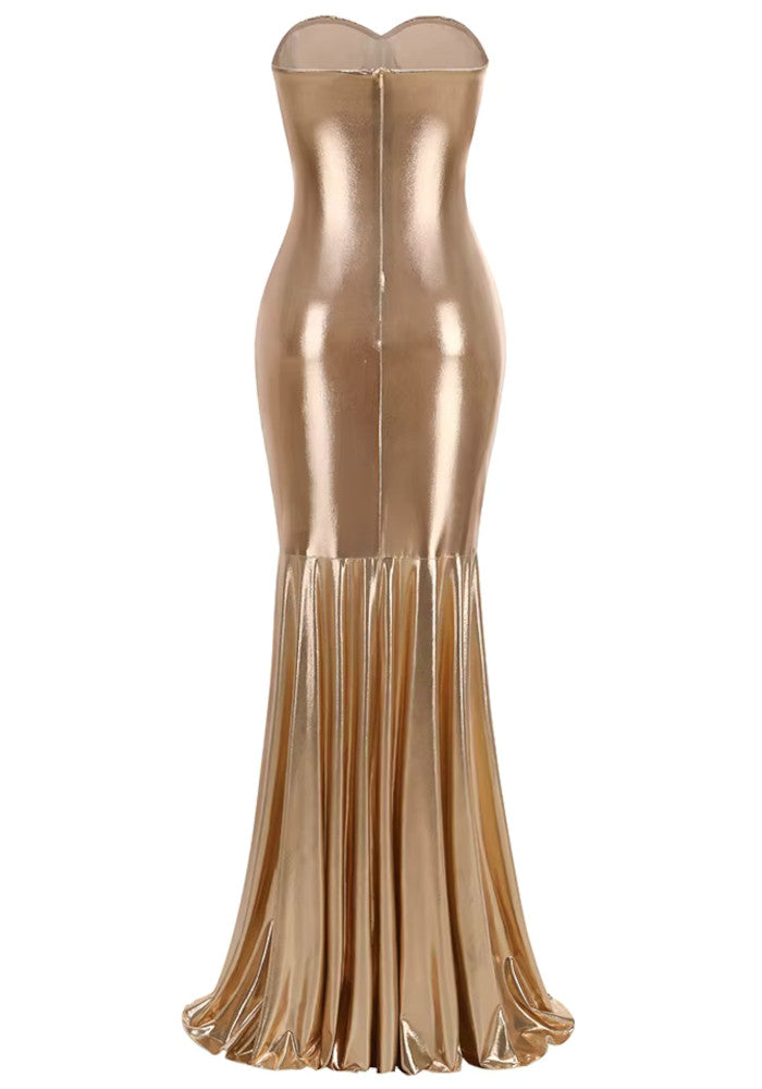 Strapless Ruched Mermaid Maxi Dress Gold HV2957