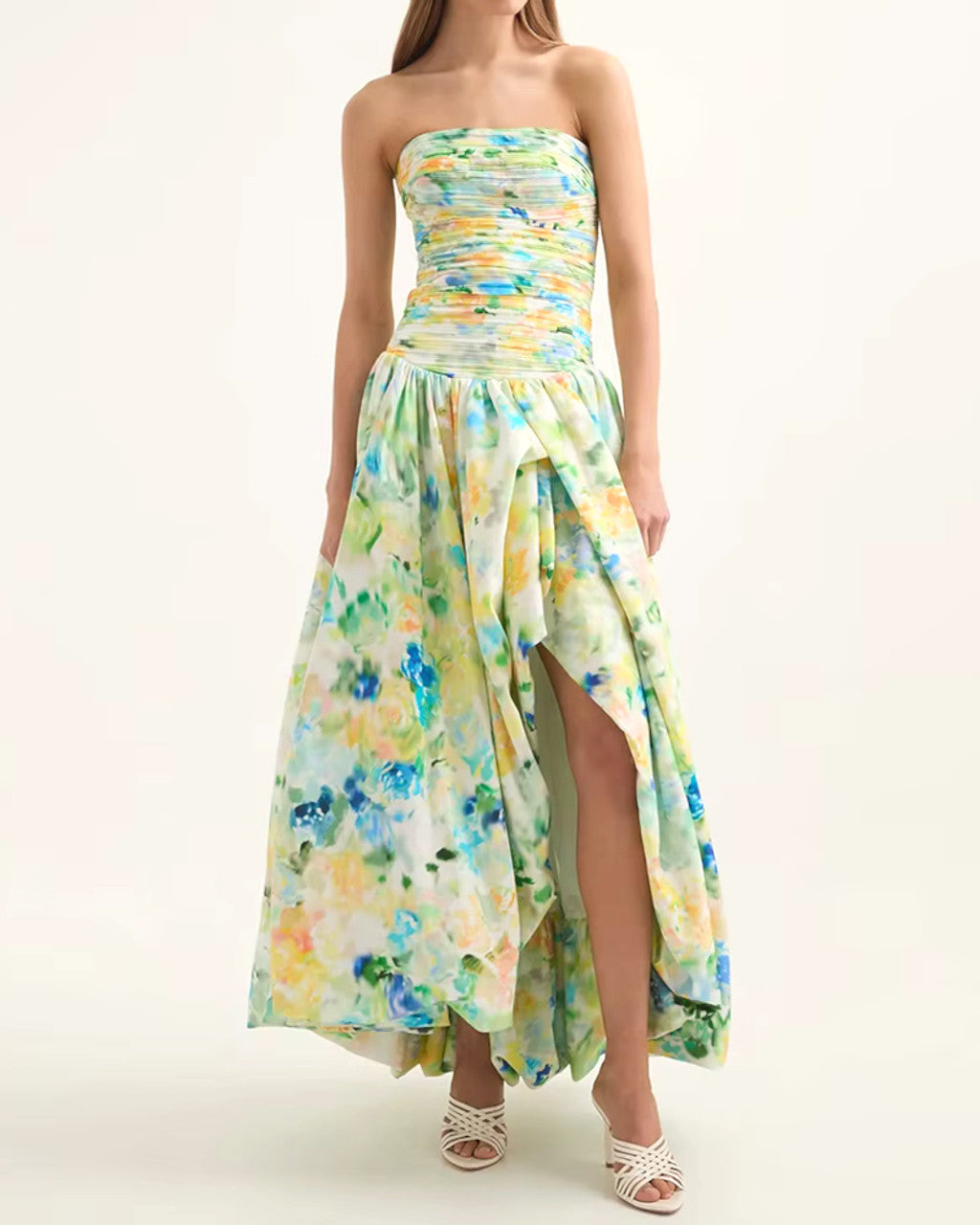 Strapless Ruched Puff Maxi Dress