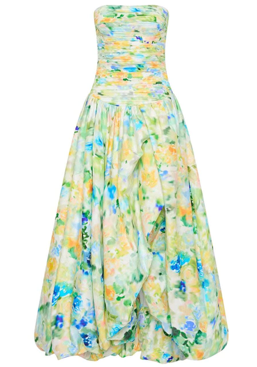 Strapless Ruched Puff Maxi Dress