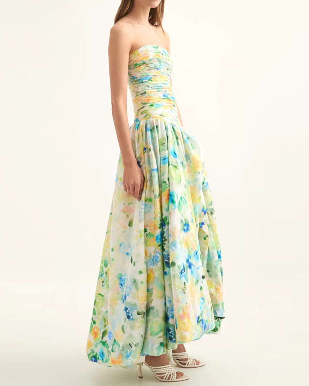 Strapless Ruched Puff Maxi Dress