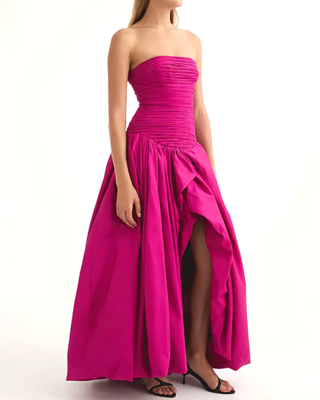 Strapless Ruched Puff Maxi Dress