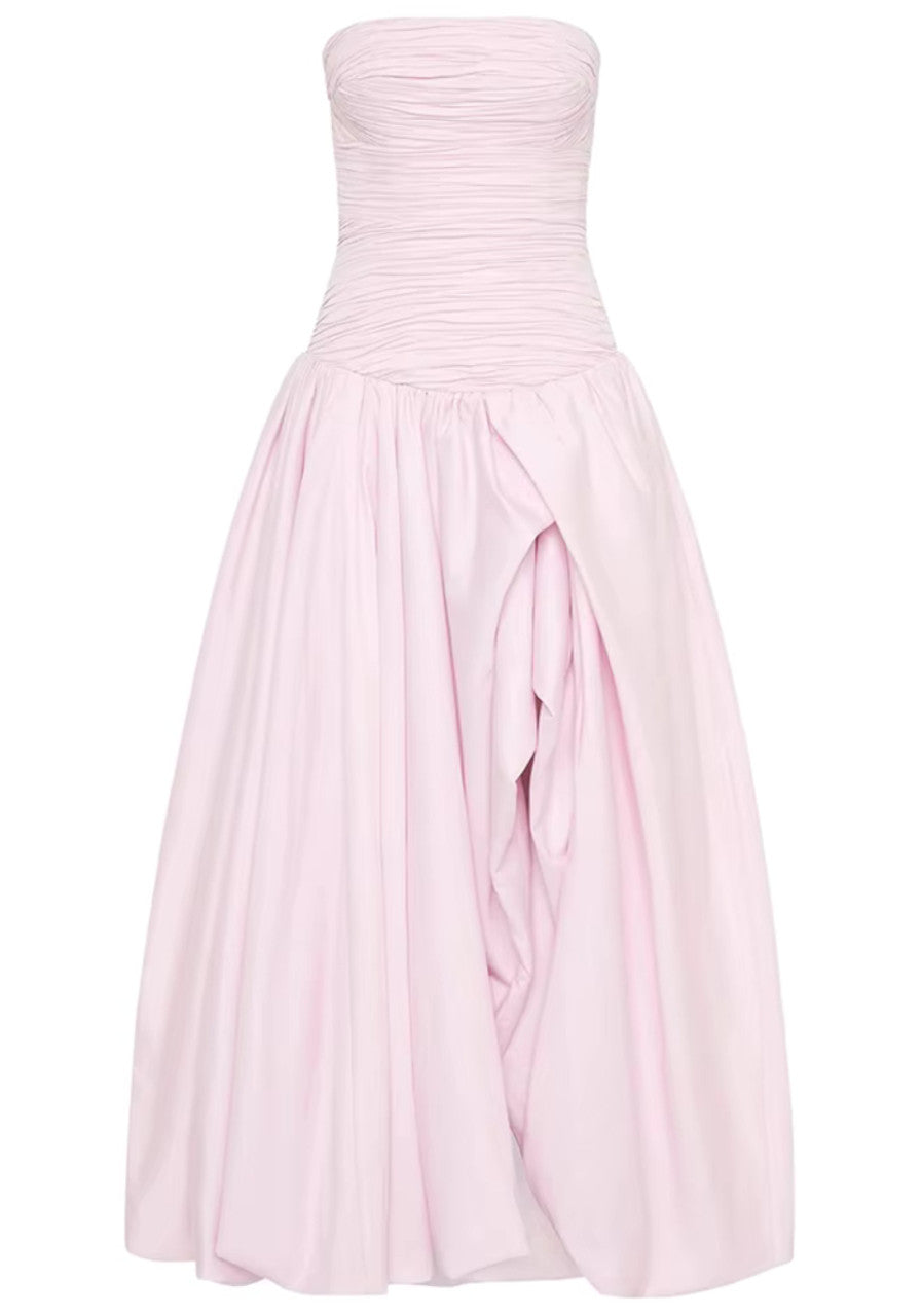 Strapless Ruched Puff Maxi Dress