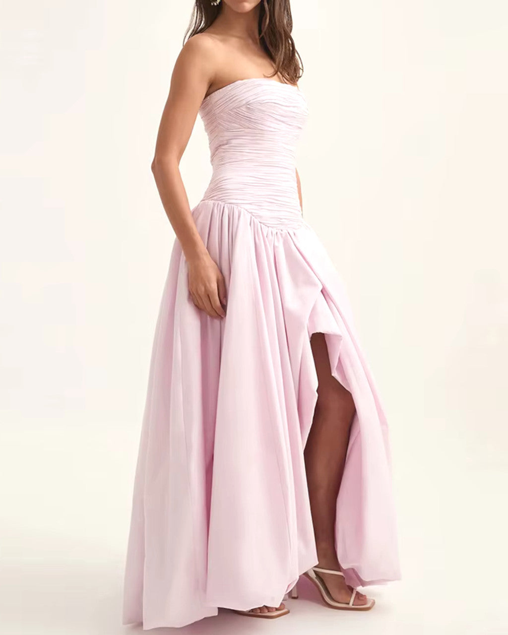 Strapless Ruched Puff Maxi Dress