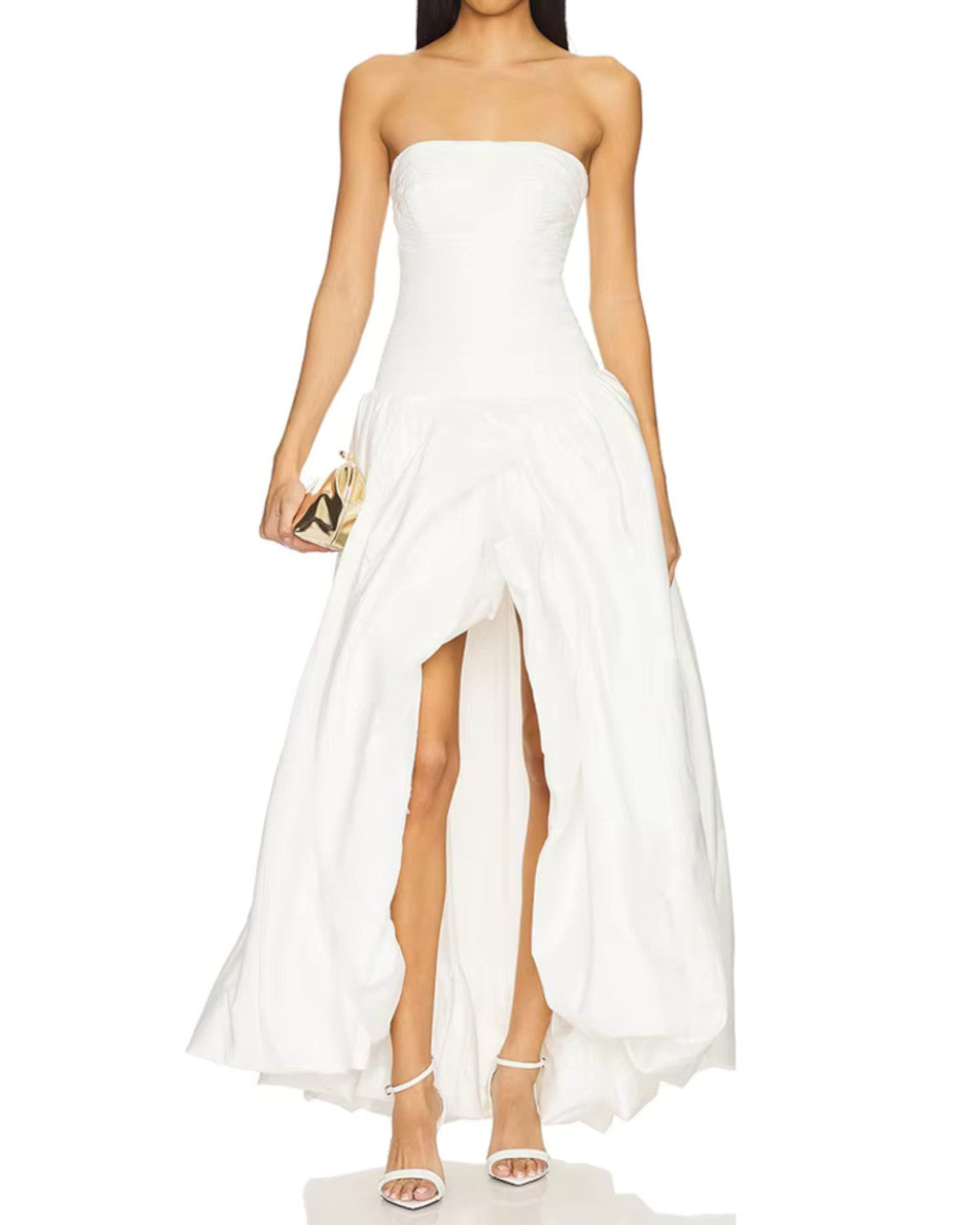 Strapless Ruched Puff Maxi Dress