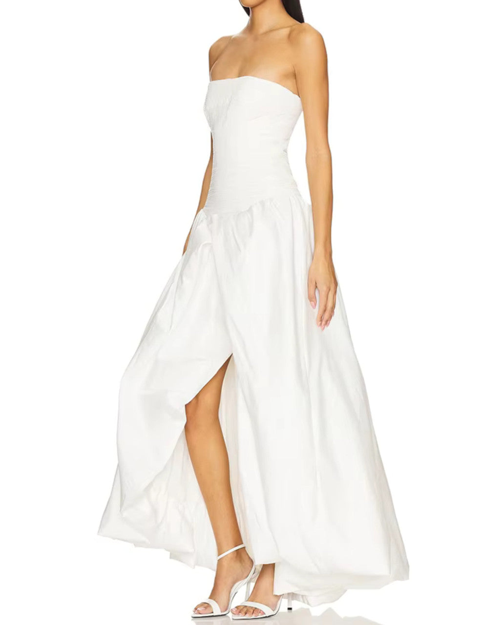 Strapless Ruched Puff Maxi Dress