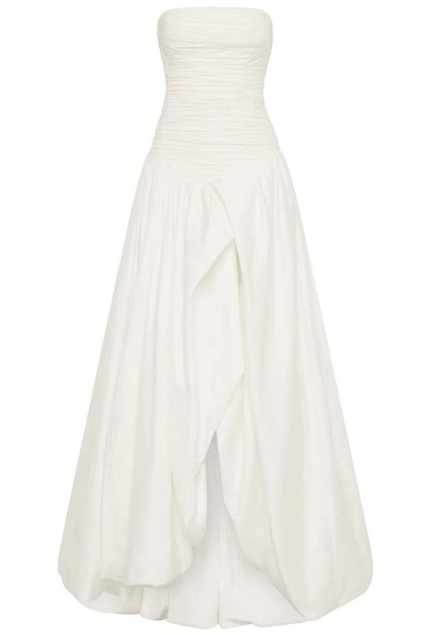 Strapless Ruched Puff Maxi Dress