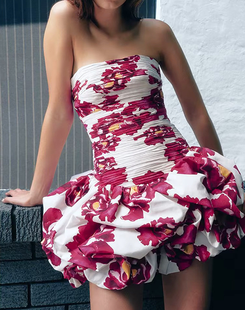 Strapless Ruched Puff Dress